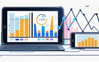 Frau am Laptop, Diagramme und Geldsymbole im Hintergrund.