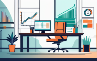 Frau analysiert Diagramme neben Buchhaltungsbüchern auf dem Schreibtisch.