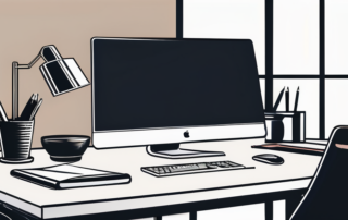 Frau, die vor einem Computer lächelt, hält Gehaltsabrechnung.