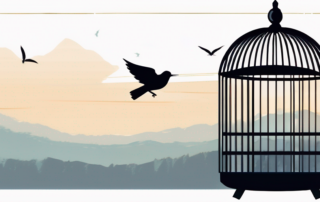 Frau schaut hoffnungsvoll auf, während sie Businessanzug gegen Rucksack tauscht.