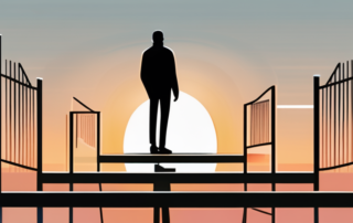 Frau springt über Hürde mit Wort „Angst“ auf dem Boden.