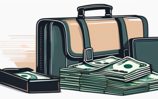 Geschäftsfrau betrachtet Jobangebote auf Laptop mit leuchtenden finanziellen Symbolen.