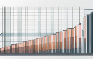 Geschäftsmann betrachtet Diagramme auf Tablet, Geldsymbole im Hintergrund.