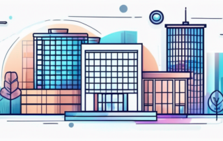 Geschäftsmann mit Lupe betrachtet Symbole verschiedener Branchenunternehmen.