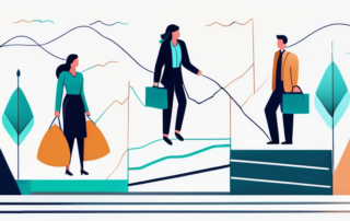 Geschäftsmann und Geschäftsfrau an einem ungleichen, waagschalenähnlichen Schreibtisch arbeiten.