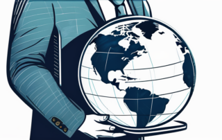 Grafik der Gehaltsbereiche mit Weltkarte und Vertriebsmanagement-Symbolen im Hintergrund.