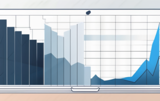 Grafik mit Einkommensskala und Laptop auf einem Bürotisch.