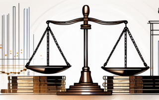 Grafik mit Gehaltsbereichen und einer Justitia-Figur im Hintergrund.