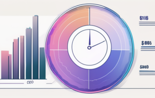 Grafik mit Gehaltsübersicht, Schreibtisch im Hintergrund, Diagramme und Eurozeichen.