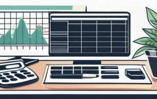 Grafik mit Gehaltsbändern und Industrien, Laptop und Taschenrechner im Hintergrund.