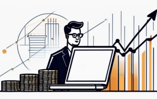 Grafik mit Gehaltskurve und Laptop, Zahlen steigen mit Zeit.