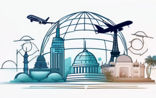 Grafik mit Gehaltsskala, Urlaubsort im Hintergrund, Taschenrechner und Stift.