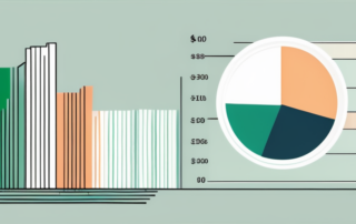 Grafik mit Gehaltsspanne neben Bürokaufmann am Schreibtisch mit Laptop.