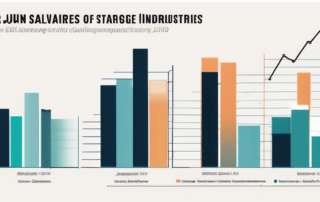 Grafik mit Gehaltsspannen und Pfeilen, junge Berater im Hintergrund.