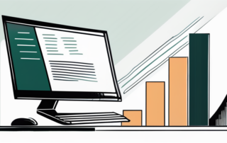 Grafik mit Gehaltszahlen neben einem kaufmännischen Sachbearbeiter am Computer.
