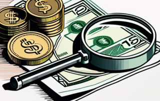 Grafik mit verschiedenen Gehaltsscheinen und Lupe darauf.