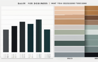 Grafikdesigner betrachtet Gehaltsscheck mit Lupe, Symbolgrafiken für Währung im Hintergrund.