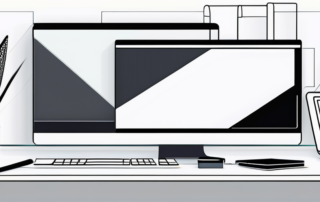 Grafikdesigner, der an einem beleuchteten Schreibtisch mit Grafiken arbeitet