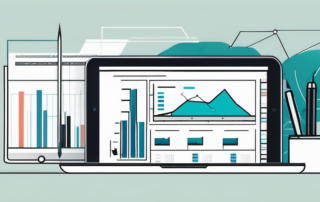 Grafiker, betrachtet Gehaltsscheck mit Lupe, umgeben von Design-Elementen.