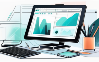 Grafiktablett, Geldscheine und eine Mediendesign-Software auf dem Bildschirm.