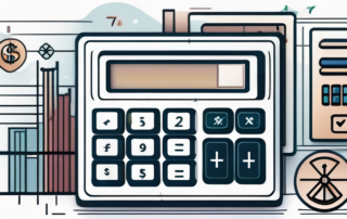 Grafische Darstellung eines Taschenrechners mit Geldscheinen und Münzen drumherum.