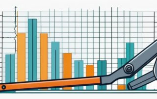 Handwerker mit Werkzeug hält Geldscheine, Grafiken im Hintergrund darstellend.