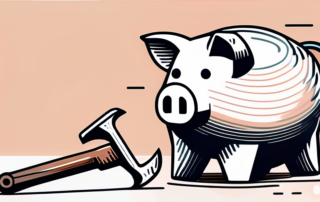 Handwerker reicht Werkzeug einem Kunden über einen Geldstapel hinweg.