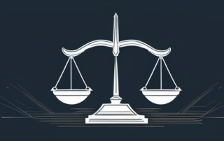 Junger Jurist hält Geldscheine, strahlt vor Gerichtsgebäude.