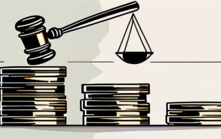 Juristin zählt Gehaltsscheine auf einem Schreibtisch mit Jura-Büchern.