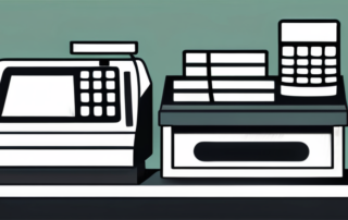 Kassiererin hinter der Kasse, Geldscheine und Münzen, Deutschlandflagge im Hintergrund.