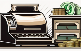 Kassiererin hinter der Kasse, mit Geldscheinen und Münzen in Hand.