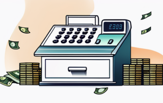 Kassiererin hinter Kasse, Blick auf Einkaufsbänder, Geldscheine in Hintergrund.