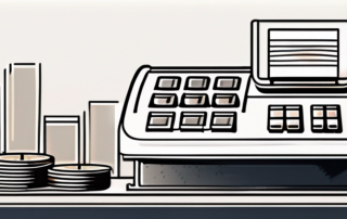 Kassiererin lächelt, hält Geldbündel und Gehaltsabrechnung.