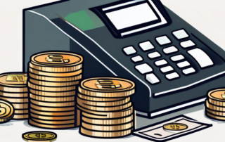 Kassiererin neben Registrierkasse mit Euro-Scheinen in der Hand.