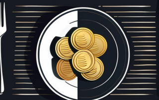 Kellner hält Geldbündel, Kasse und Rechnungen im Hintergrund.