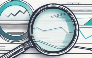Konferenztisch mit Laptop, Diagrammen und glücklichen BWL-Absolventen im Hintergrund.