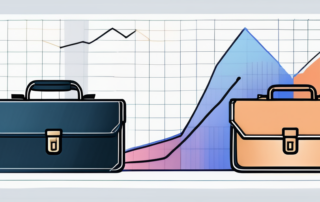 Manager analysiert Finanzberichte auf Laptop, Diagramme im Hintergrund.