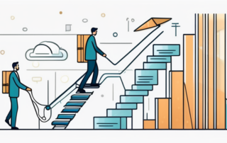 Mann im Anzug hält Erfolgstrophäe hoch vor Bürogebäude.