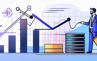 Mann in Anzug präsentiert Gehaltsdiagramm in einer Produktionshalle.