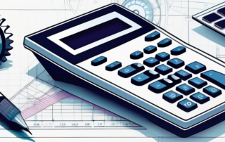Maschinenbauer vor einem Computer, zeigt Gehaltsabrechnung, Diagramme im Hintergrund.