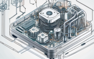 Mechatroniker arbeitet konzentriert an komplexer Maschine mit Werkzeug in Hand.