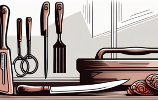 Metzger bei der Arbeit, Fleischstücke präzise schneidend, konzentrierter Blick.