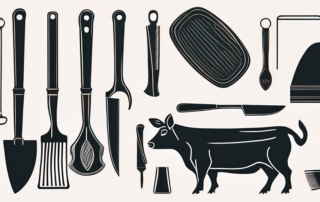 Metzger bei der Arbeit mit verschiedenen Fleischstücken und Werkzeugen.