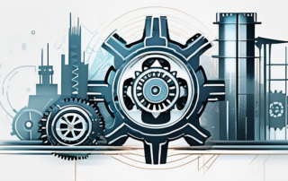 Moderne Fabrikhalle mit Robotern, die Metallteile bearbeiten.