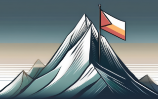 Person auf Berggipfel, Arme triumphierend in die Höhe gestreckt.