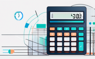Person beim Tippen auf Taschenrechner neben Stoppuhr und Gehaltstabelle.