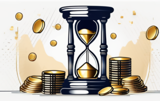 Person betrachtet Diagramme auf Laptop, Geldscheine daneben.