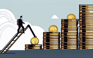 Person hält Megafon, Geldscheine fliegen, Marketingdiagramme im Hintergrund.