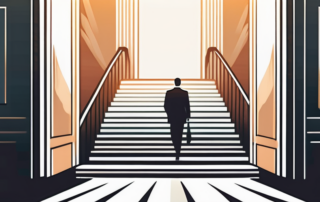 Person klettert mutig über symbolische Hürde zwischen zwei Jobtürmen.