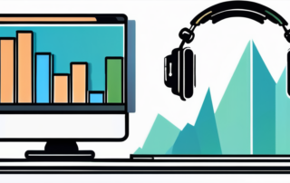 Person mit Headset vor Computer, Diagramme und Geldsymbole im Hintergrund.